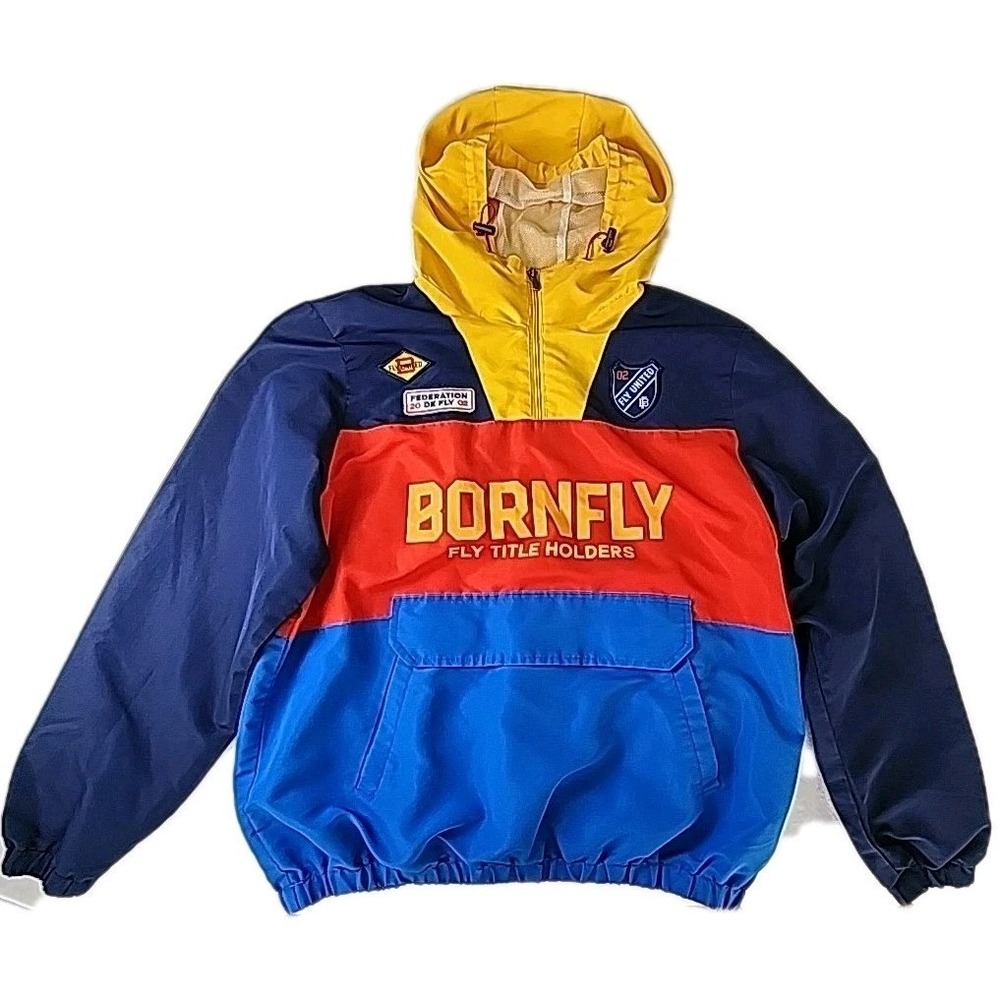 Born Fly Windbreaker Hoodie Men's XL 1/4-Zip Blue/Red/Yllw Colorblock Streetwear